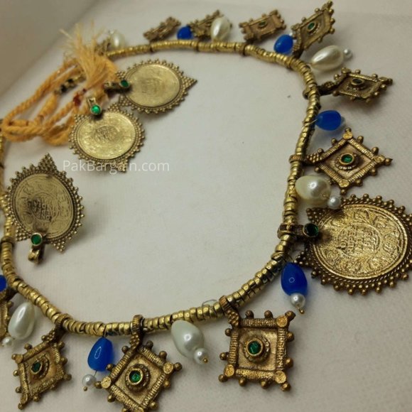 Afghan Tribal Vintage Hasli Pearls Choker Necklace With Coins Earrings and Ring - Picture 1 of 18